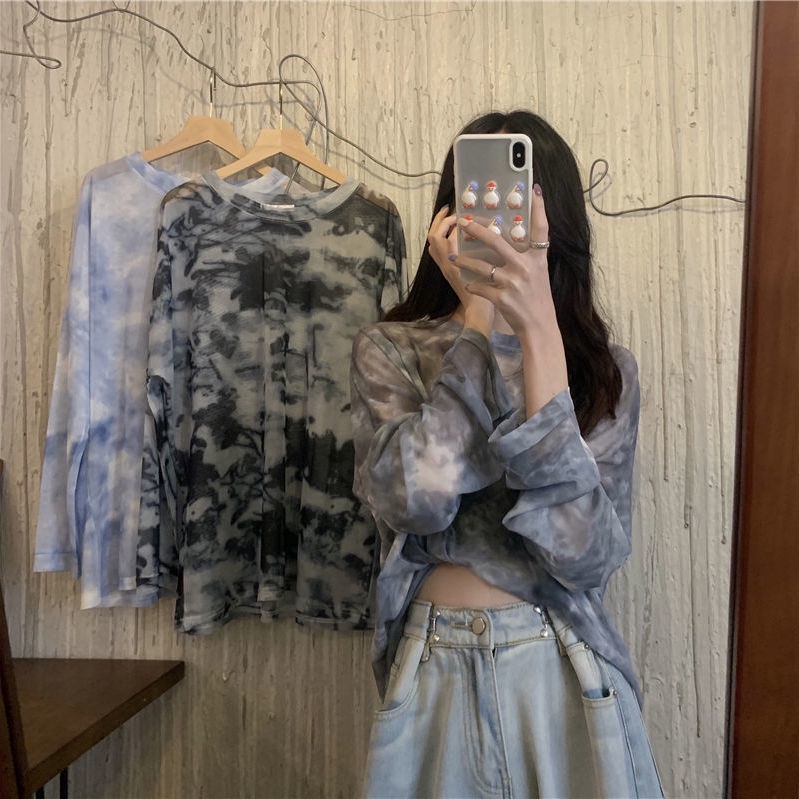 Áo Thun Lưới Mỏng Tay Dài Dáng Rộng Nhuộm Màu Phong Cách Hàn Quốc Thời Trang Mùa Hè Hàng Mới Dành Cho Bạn Nữ 2021