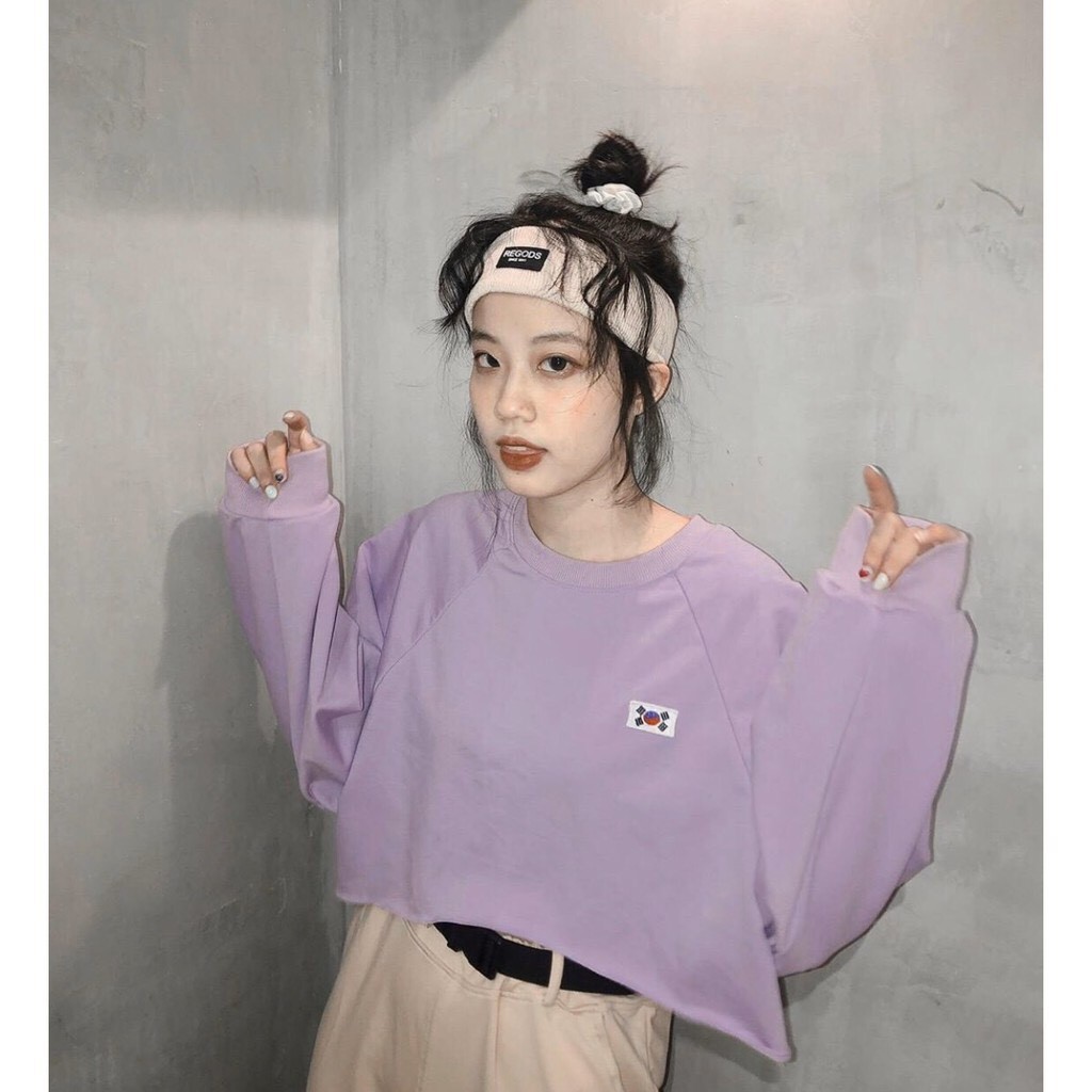 KOREA FLAG CROPTOP SWEATER - ÁO CROPTOP TAY BO THÊU CỜ HÀN TRẮNG TÍM UNISEX - CRT NỈ DÀI TAY BỒNG LÁ CỜ