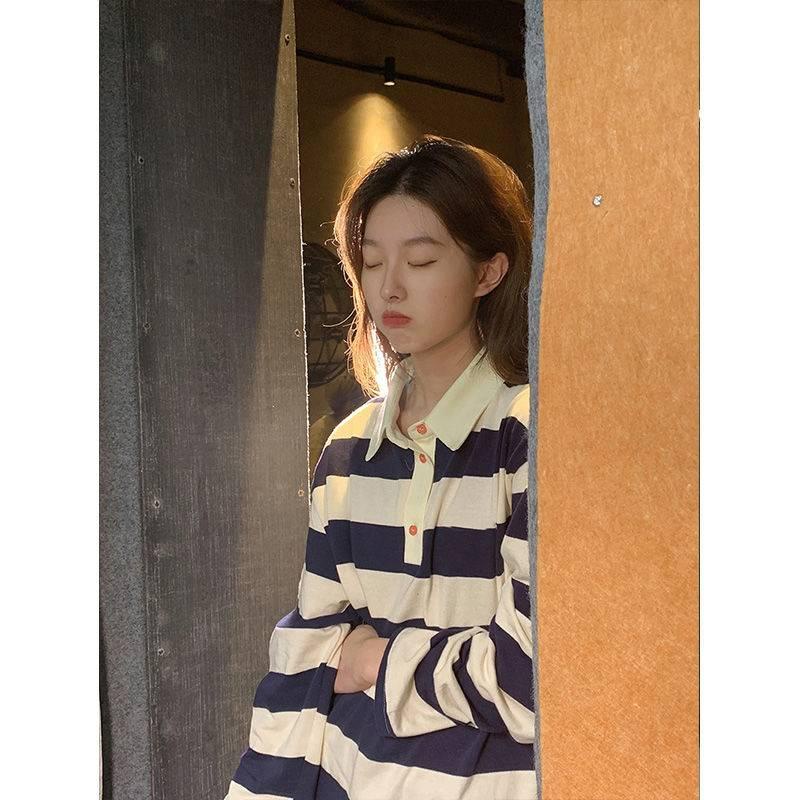 Áo polo tay dài dáng rộng họa tiết kẻ sọc phong cách vintage thời trang xuân thu cho nữ