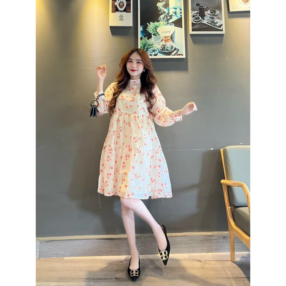 [9.9 Sales Freeship] Đầm hoa babydoll tay dài phồng, đầm hoa đỏ cổ tròn dáng xoè tiểu thư đi biển, đi tiệc xinh xắn