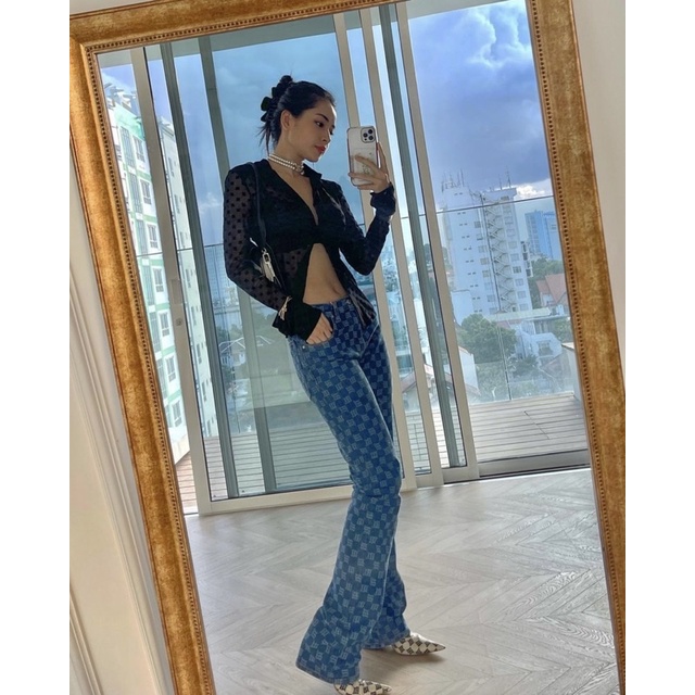 Quần jeans ống rộng, quần nữ cạp cao, chất jeans mềm, siêu hack dáng