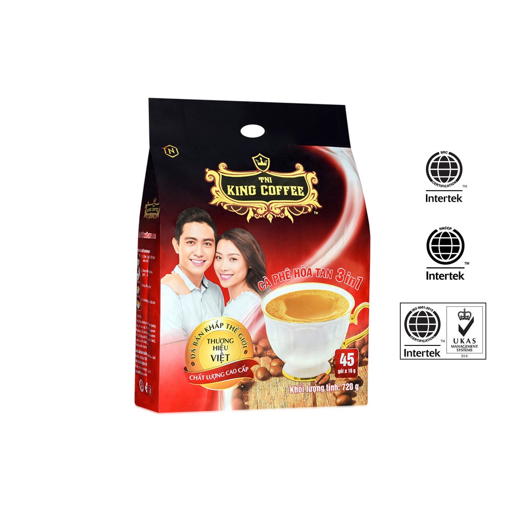 Cà Phê sữa Hòa Tan 3IN1 KING COFFEE - Túi 45 gói x 16g - Từ hạt café Arabica và Robusta