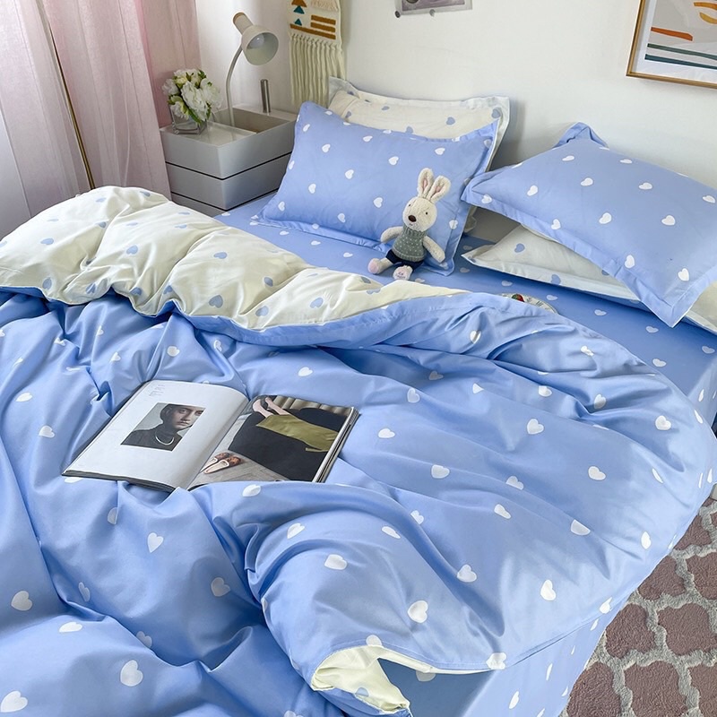 Bộ chăn ga gối Cotton Poly Boss Decor xanh chấm bi, vỏ chăn mền, drap giường và 2 vỏ gối
