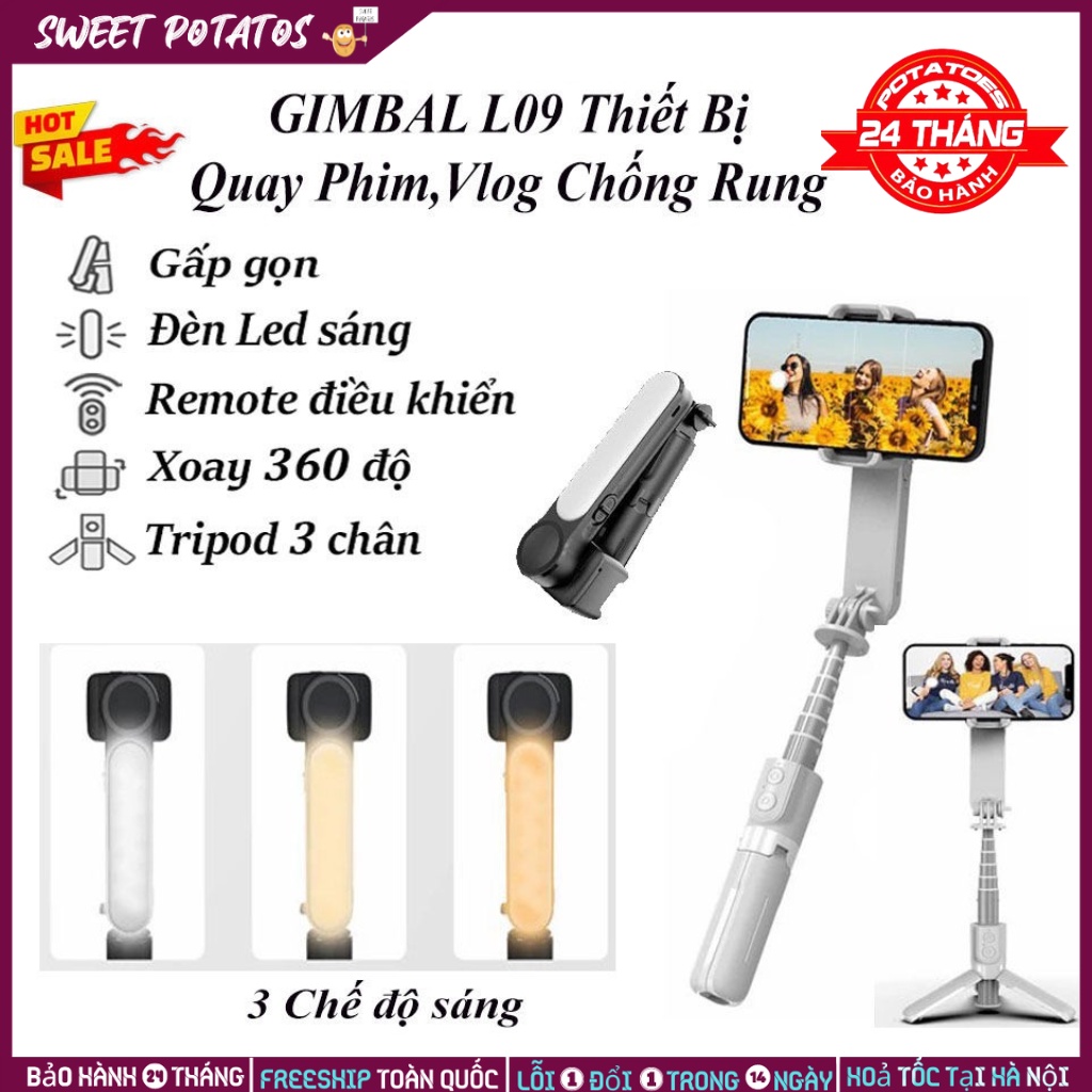 BH 5 NămTay Cầm Chống Rung Đa Năng Giá Rẻ, Gậy Selfie Stick L09 Bluetooth Tripod-Gimbal Stabilizer 3in1 Có Đèn Led