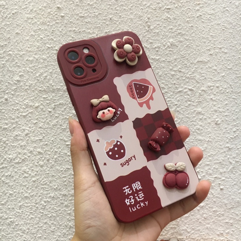 Ốp lưng Iphone đỏ rượu style Hàn gắn charm đỏ cherry cho 13Promax/13Pro/13/12Promax/..../6Plus/6
