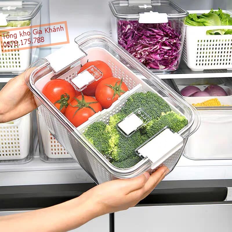 Hộp Đựng Thực Phẩm 2 Lớp, Bảo Quản Thức Ăn, Có Lỗ Thoát Nước Thoát Khí Dễ Dàng