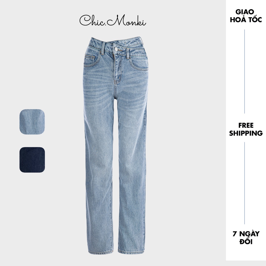 Quần jeans nữ ống rộng lệch lưng CHICMONKI lưng cao phom đẹp CMJ1196 | BigBuy360 - bigbuy360.vn