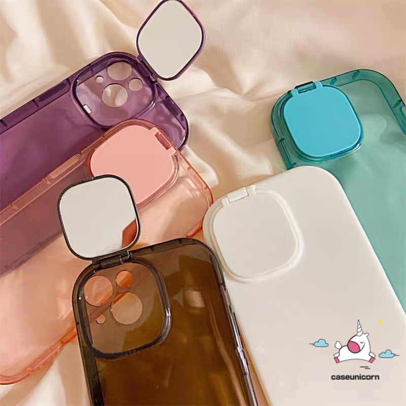 Ốp Điện Thoại TPU Mềm Màu Kẹo Ngọt Có Gương Trang Điểm 2 Trong 1 Cho IPhone 14 13 12 11 Pro Max X XR 8 7 14 Plus
