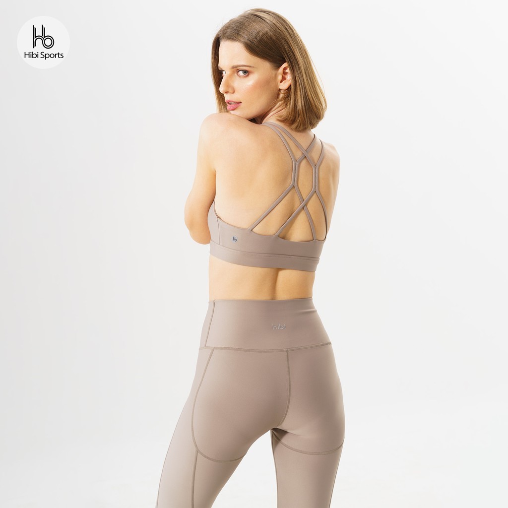 Set đồ tập yoga Luxury Hibi Sports H130 màu vàng và nude, áo bra thể thao 4 dây đánh đôi, kèm mút nâng ngực