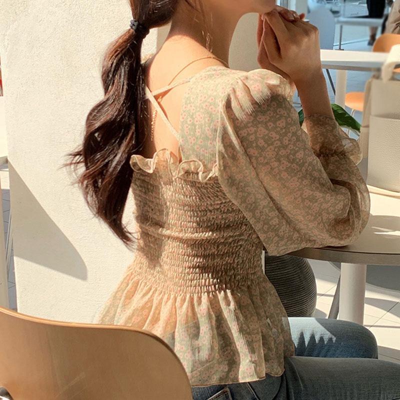 Áo Voan Dài Tay In Hoa Với Thiết Kế Cổ Vuông Xinh Xắn Theo Phong Cách Retro Hàn Quốc | BigBuy360 - bigbuy360.vn