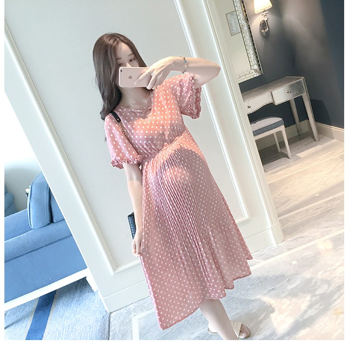 BIGSIZE 85KG Váy đầm bầu hồng chấm bi thiết kế cho mẹ bầu công sở, dự tiệc lịch sự trẻ trung mới mùa hè thoáng mát