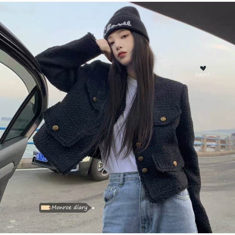 Áo Dạ Tweed Dáng Lửng Màu Đen Tua Rua Phong Cách Hàn Quốc_ Hàng QCCC