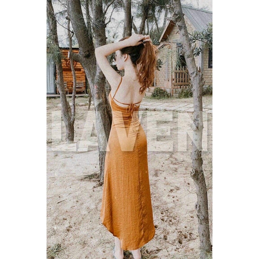 Đầm maxi 2 dây sẻ tà rút dây co mút ngực sexy sang chảnh