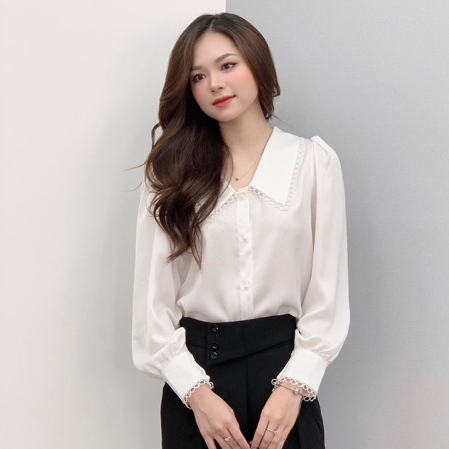 Áo Sơ Mi Lụa Nữ Thiết Kế Công Sở Dài Tay Cổ Phối Ren Tiểu Thư Cực Xinh AM235