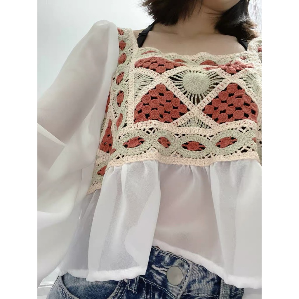 Áo sơ mi voan đi biển babydoll  croptop cổ vuông tay bồng tiểu thư dệt thổ cẩm màu đỏ uzzlang hàn quốc - tiemmaimeo1987