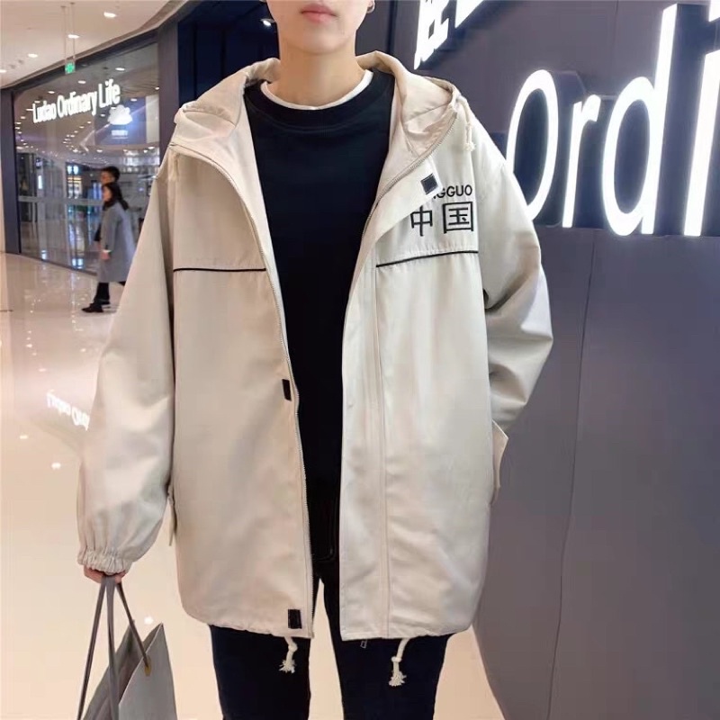 Áo khoác nữ chất dù, áo khoác gió form rộng unisex 2 lớp siêu dày đẹp in chữ trung quốc