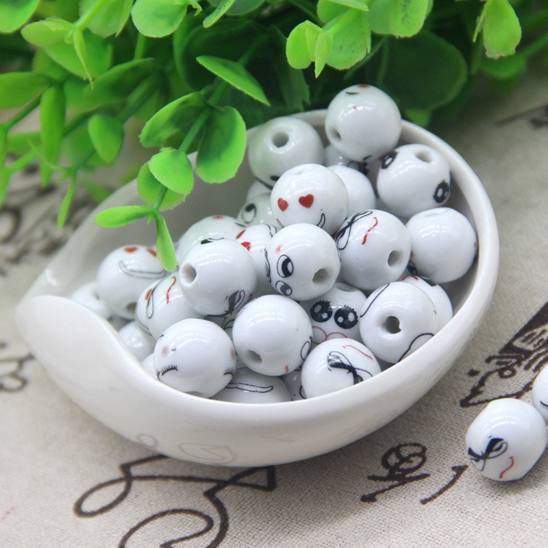 Túi 10 Hạt Sứ Xâu Chuỗi 14mm Hình Mặt Cười Dùng Làm Trang Sức Thủ Công