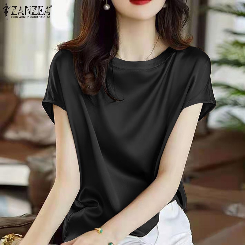 Áo kiểu ZANZEA tay ngắn cổ tròn thiết kế đơn giản phong cách Hàn Quốc nữ tính thanh lịch