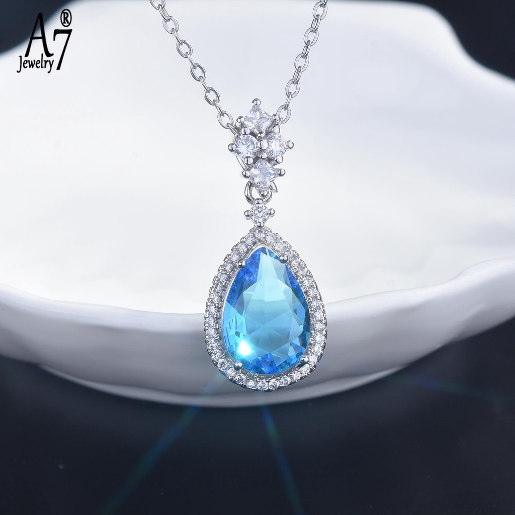 Bộ vòng cổ + bông tai mạ bạc 925 đính đá hình giọt nước màu hồng/xanh dương sang trọng