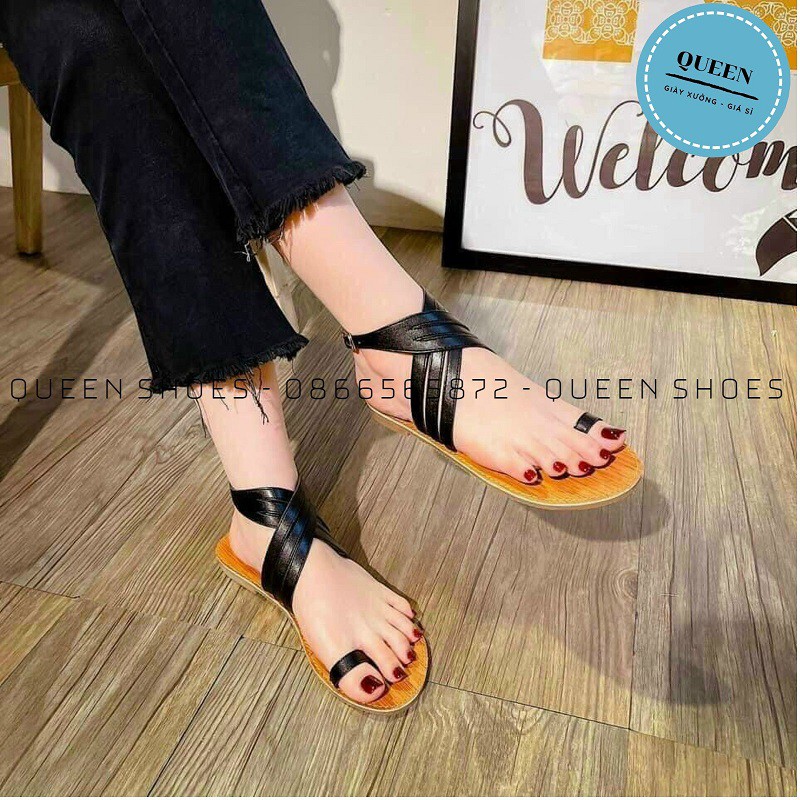 Giày sandal nữ dây mảnh đế bệt xỏ ngón quai chéo đế vân gỗ sang chảnh - D04.1