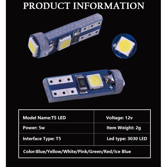 Bộ 10 đèn LED 3 bóng T5 W3W W1.2W 3030 SMD DC 12V siêu sáng cho bảng điều khiển xe hơi