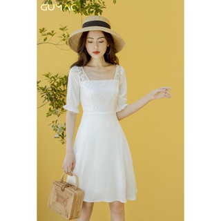 Đầm nữ cổ vuông phối ren gumac ms08975_trang