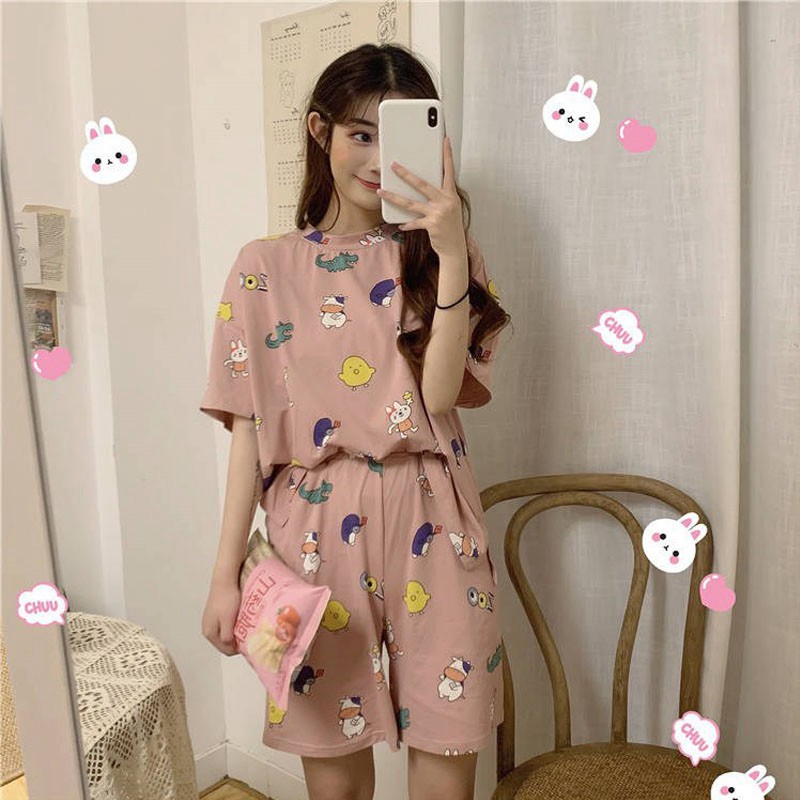 Ready stock Bộ đồ ngủ họa tiết hoạt hình xinh xắn