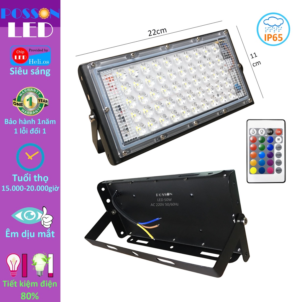 Đèn Led pha đổi nhiều màu RGB 50w 220v kèm điều khiển hắt tường rọi cây kín chống nước mưa ngoài trời Posson LF-50RGB