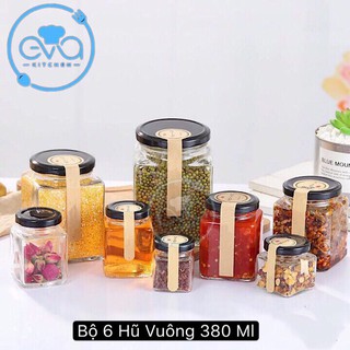 Bộ 6 Hũ Thủy Tinh Vuông Nắp Vặn Dung Tích 380 ML
