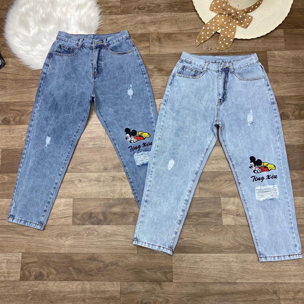 Quần jean nữ dáng baggy trẻ trung họa tiết đáng yêu co giãn nhẹ | BigBuy360 - bigbuy360.vn