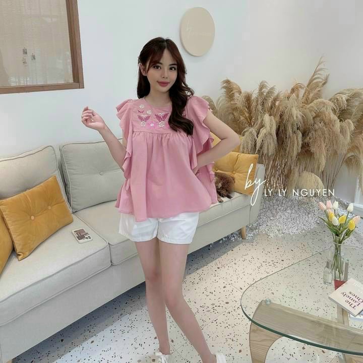 Sét Bộ Áo Von Babydol Cổ Tròn Ngắn Tay Kèm Thêu Bướm Kết Hợp Quần Short Thể Thao TTSA1855
