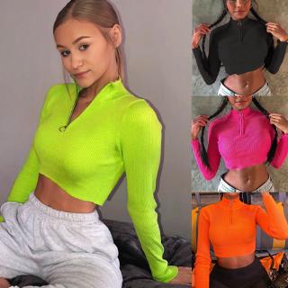 Áo Croptop dệt kim tay dài phối khoá kéo hợp thời trang