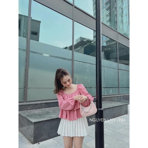 Áo Đũi Cổ Vuông Xếp Bèo Tầng Khuy Ngọc Tiểu Thư Có Ảnh Thật