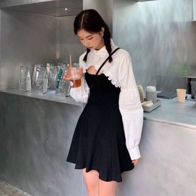 Sét áo sơ mi croptop viền bèo &amp;đầm 2 dây form xòe hot hit