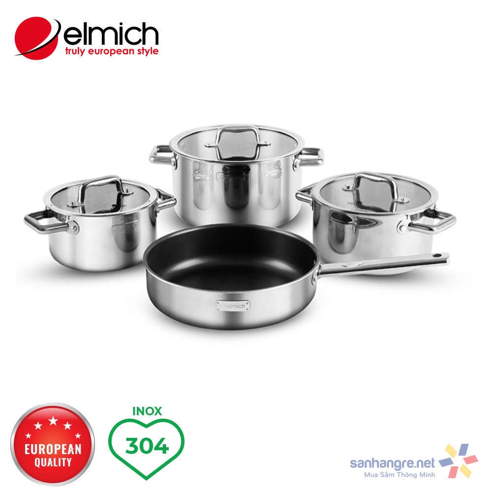 Bộ 3 nồi inox 304 thân đáy liền khối Elmich Trimax ECO EL-8004 size 18, 20, 26 tặng kèm chảo chống dính 26cm