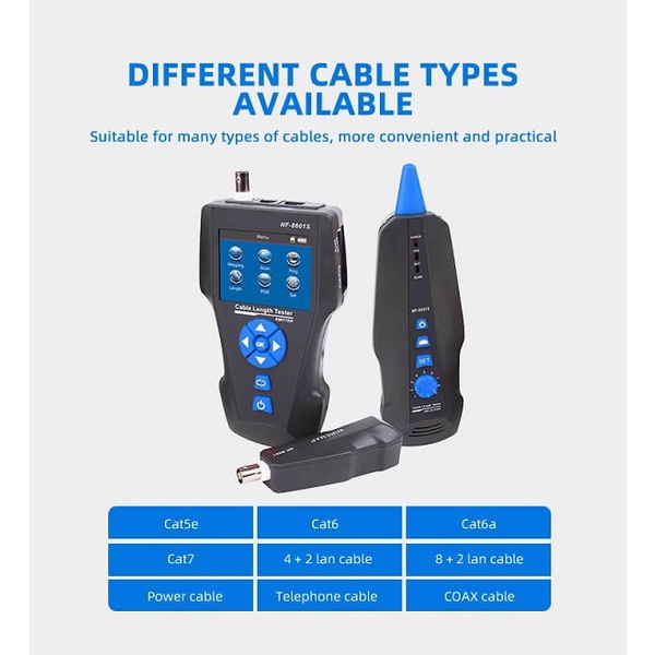 Máy test cáp mạng NF 8601S Test RJ45, RJ11, BNC, POE chính hãng NOYAFA