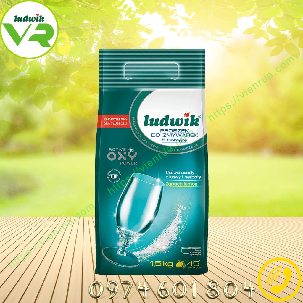 1.5kg Bột rửa bát Ludwik Ba Lan 5 tính năng. Công nghệ sinh học Oxy active và enzym rửa sạch và diệt khuẩn an toàn
