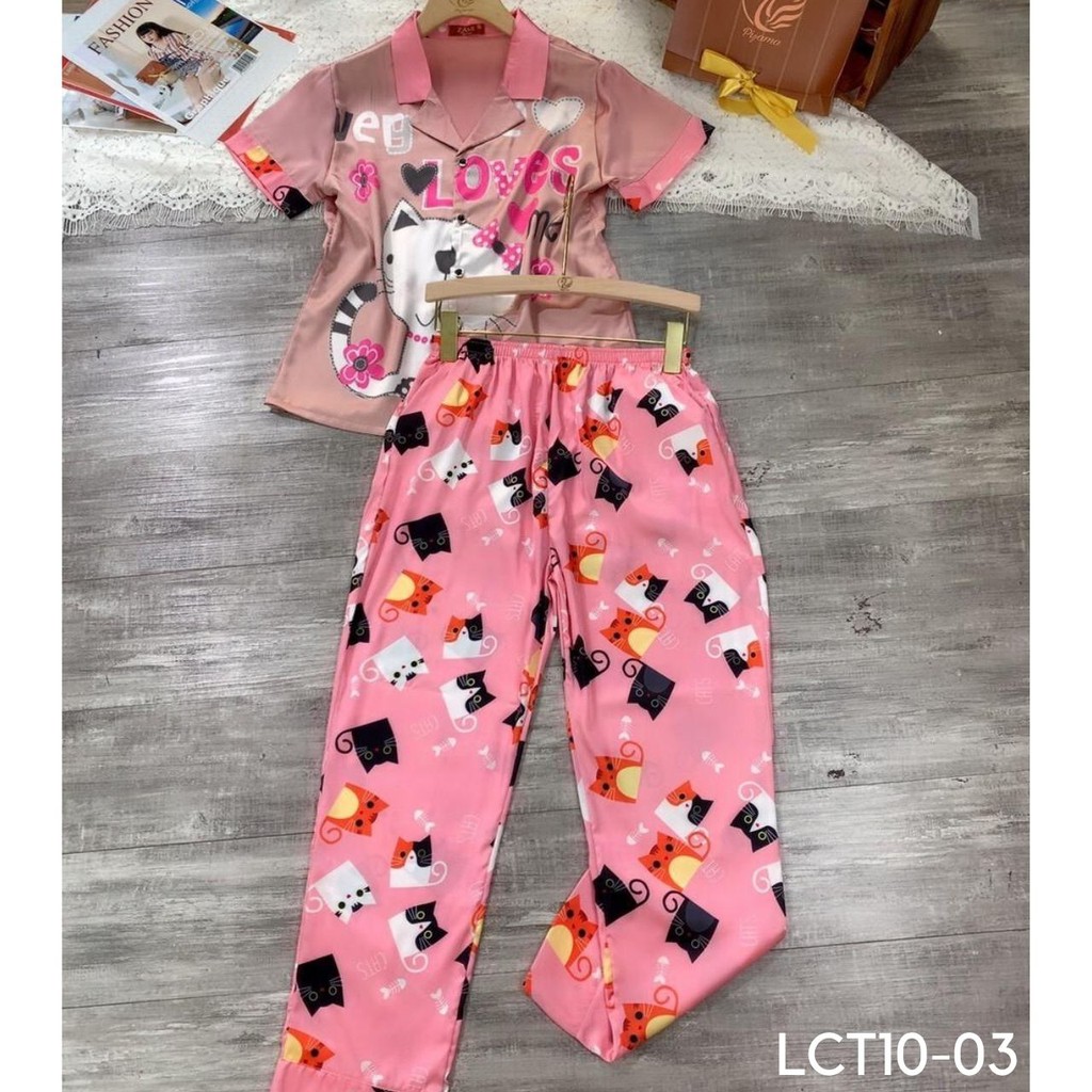 [HÀNG MỚI VỀ] BỘ PIJAMA LỤA SATIN TAY NGẮN QUẦN DÀI HỌA TIẾT CỰC XINH