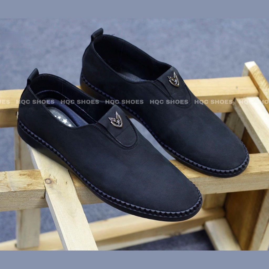 Giày lười nam HQC SHOES da bò thật đế cao su khâu chỉ bảo hành 12 tháng Gl023