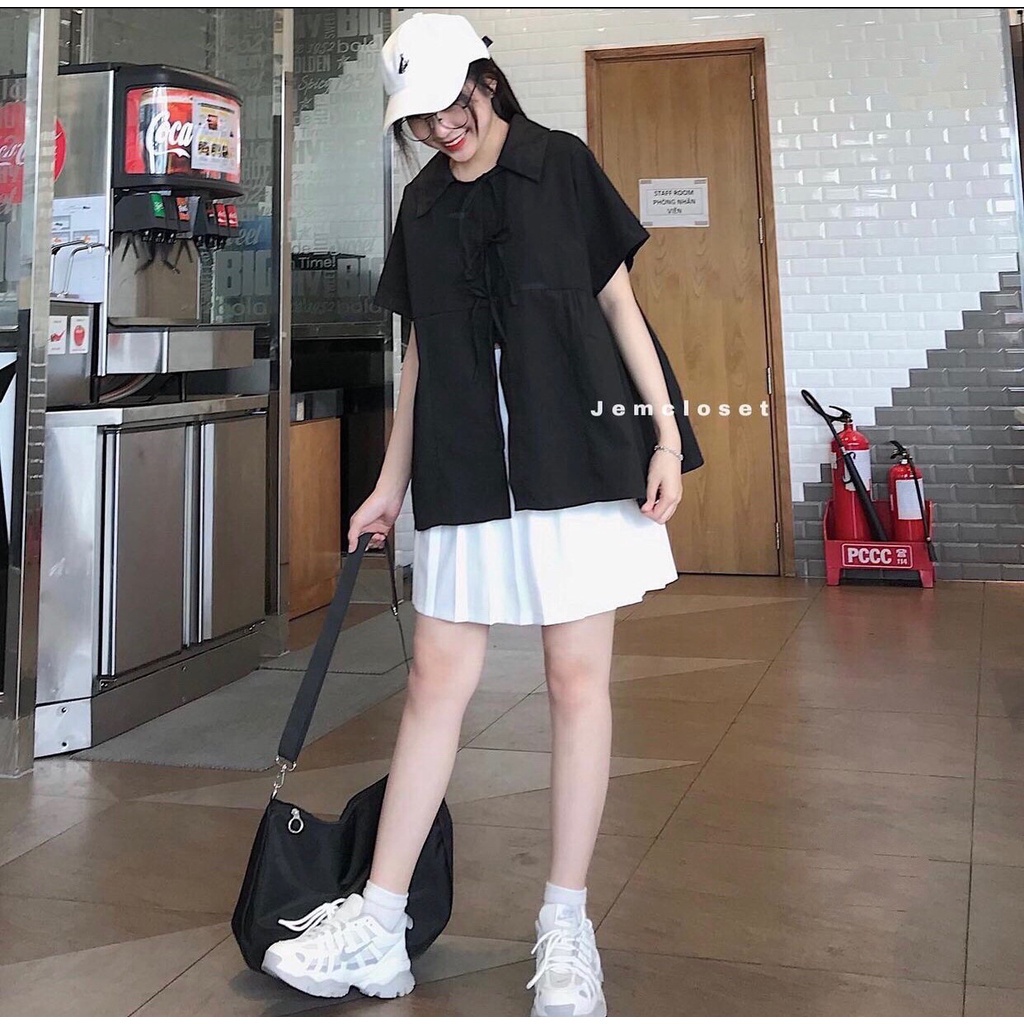 ÁO BABYDOLL TRẮNG BUỘC DÂY NƠ NGỰC - ÁO SƠMI CỔ BẺ TAY LỠ THẮT NƠ ĐEN TRẮNG
