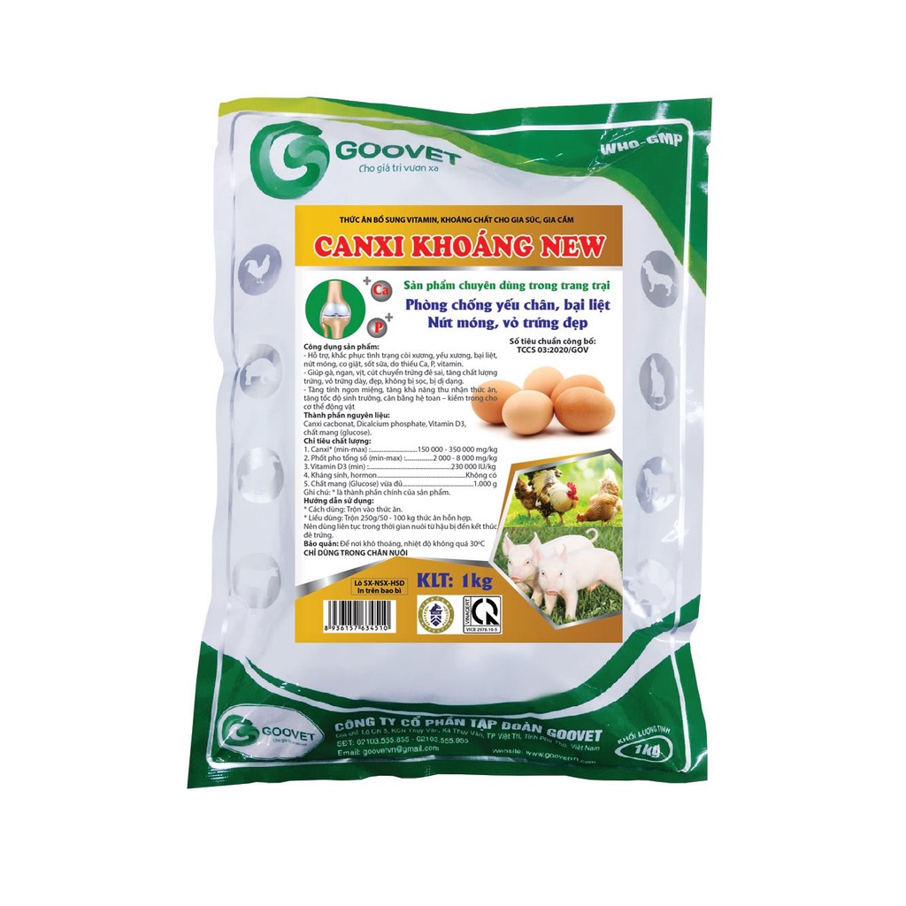 Canxi Khoáng New (1kg) - Phòng Chống Yếu Chân, Bại Liệt, Nứt Móng Cho Chăn Nuôi. Can xi cho trứng dày vỏ, đẻ nhiều....