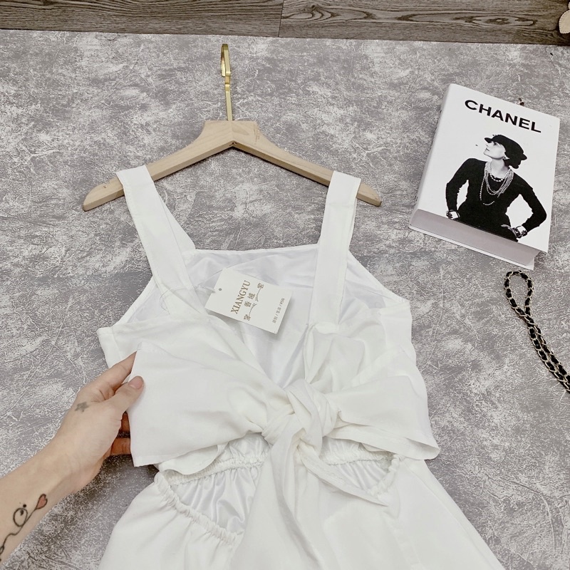 Váy 2 dây maxi có nơ hở lưng Đầm chiết eo 2s bản to có đuôi cá dáng xoè màu trắng