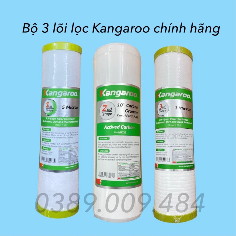Bộ 3 lõi lọc nước Kangaroo số 1-2-3 chính hãng dùng cho các máy lọc nước trên thị trường dễ dàng thay thế