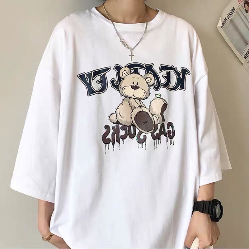 Áo thun tay lỡ nam nữ, áo phông unisex form rộng chất cotton in hình gấu be