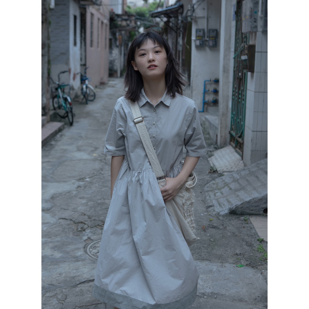 ﹍Cô gái cổ điển Nhật Bản nhỏ tươi mát váy polo áo sơ mi đại học gió eo hoa chuông Pháp thắt lưng sinh viên