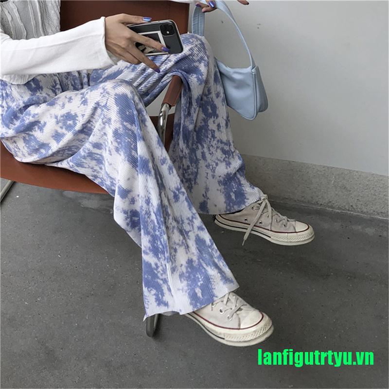 【trtyu】Loose Straight High Waist Long Boho Ruched Pleated Tie Dye Print Pant Casual Trouser