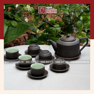 Bộ ấm chén tử sa Tích Phúc Lộc Thọ đen chỉ bạc chính hãng Bát Tràng