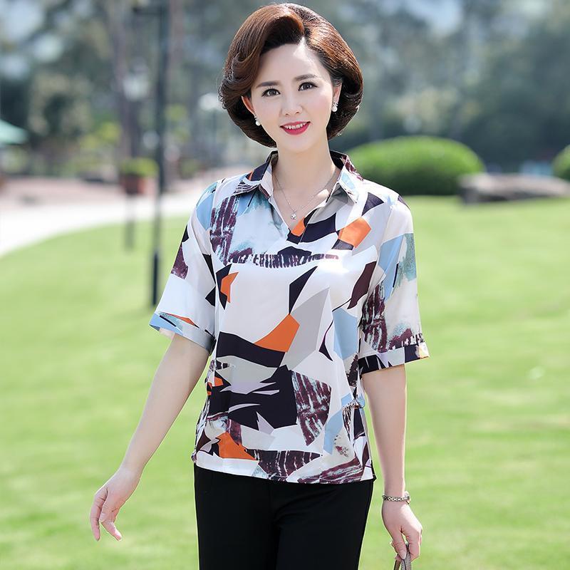 Áo Sơ Mi chiffon Ngắn Tay Họa Tiết Chấm Bi Thời Trang Cho Phụ Nữ Trung Niên
