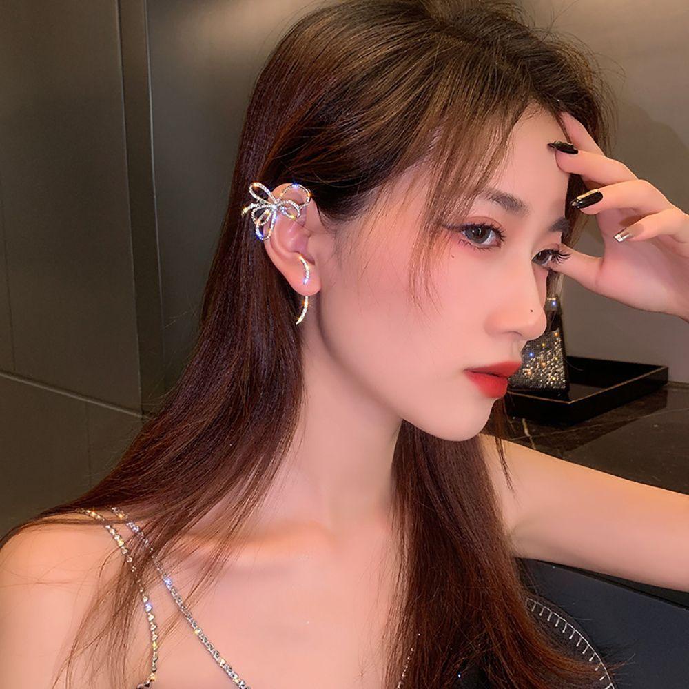 FORBETTER Bông Tai Kẹp Vành Tai Hình Nơ Bằng Hợp Kim Đính Đá Đơn Giản Ngọt Ngào Cho