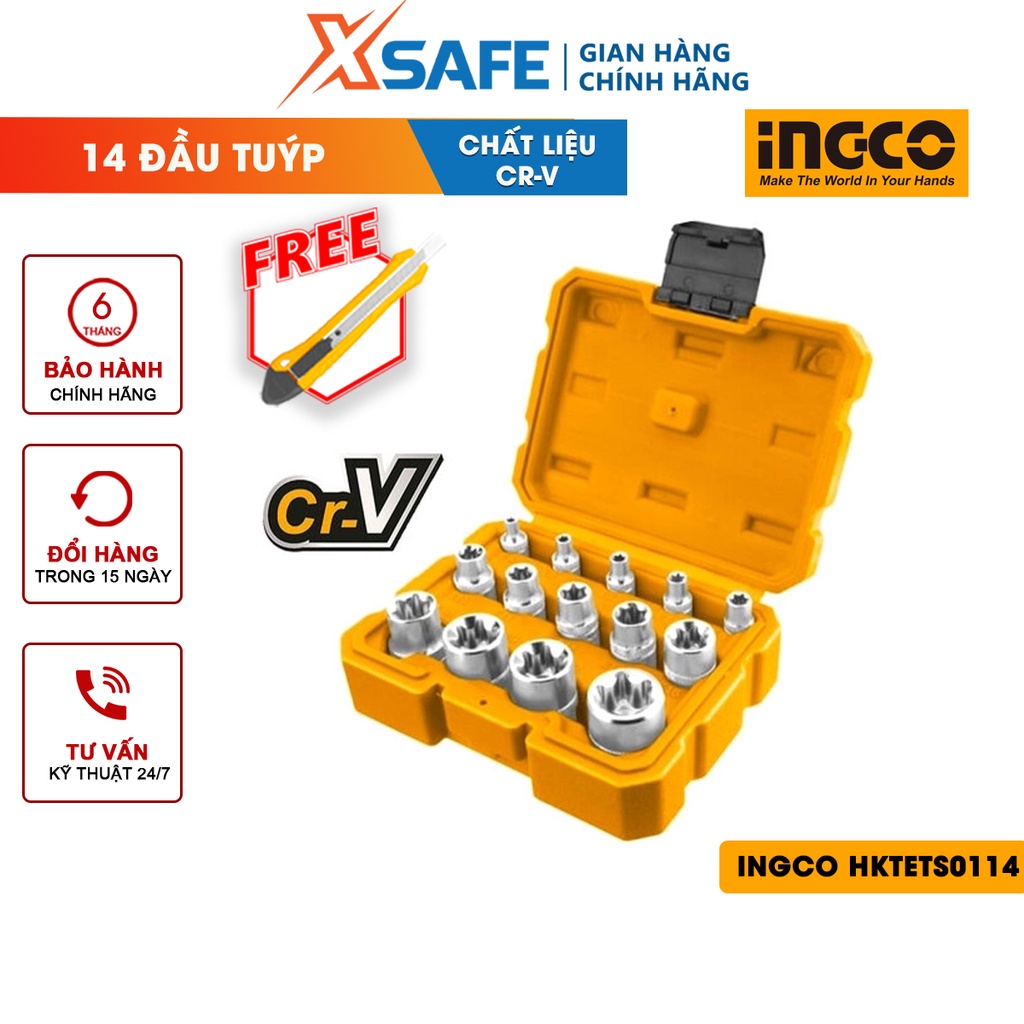 Bộ 14 đầu tuýp E INGCO HKTETS0114 thép CR-V gồm 5 đầu 1/4 inch, 5 đầu 3/8 inch, 4 đầu 1/2 inch được xử lý nhiệt mạ crom